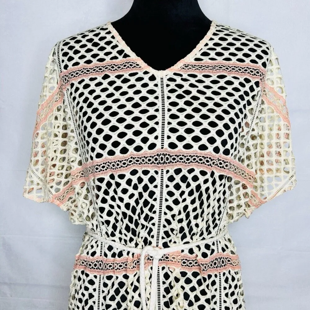 Pilyq Ivory Coral Natalie Fishnet Cover-Up Dress Size XS/S Rope Sash Belt - Image 2