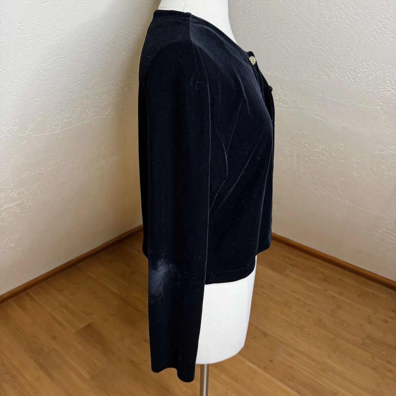 Vtg Hillard & Hanson Black Velvet Cardigan Gold Buttons Womens 10 Classic Prep - Image 6