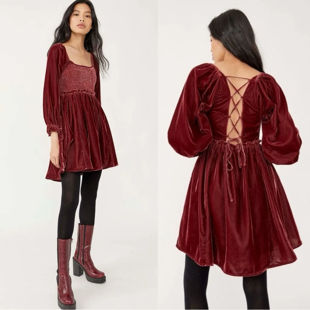 Free People Dainty Renaissance Daphne Velvet Mini Dress Burgundy Brown Small - Image 2