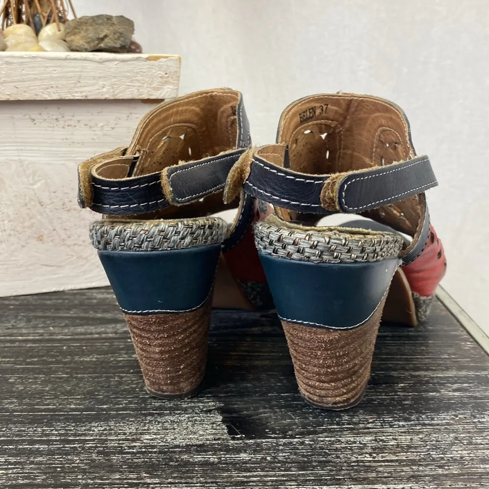 L’Artiste Leather Floral Print Patchwork Boho Platform Heel Sandal Shoes 37 6.5 Black - Image 4