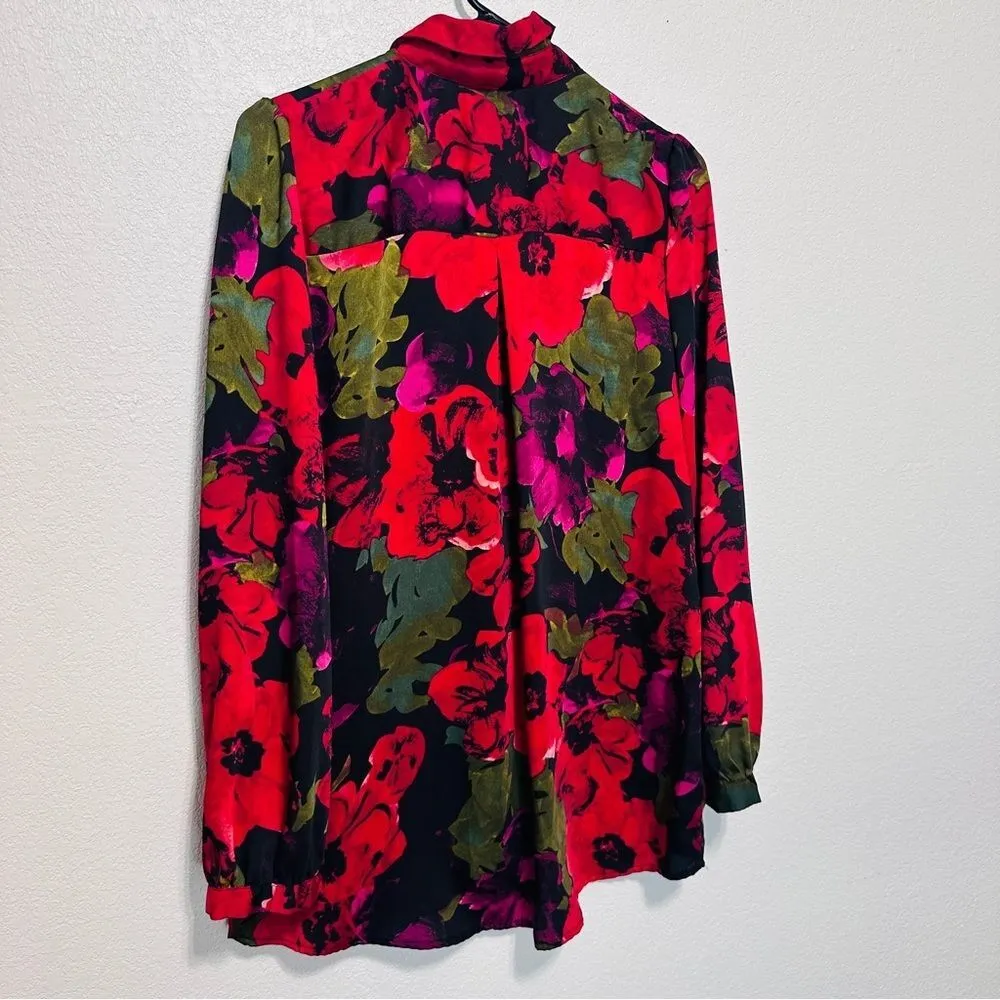 90s Red Black Floral Blouse - Oversized Poppy Print - Dark Winter Floral - M - Image 9