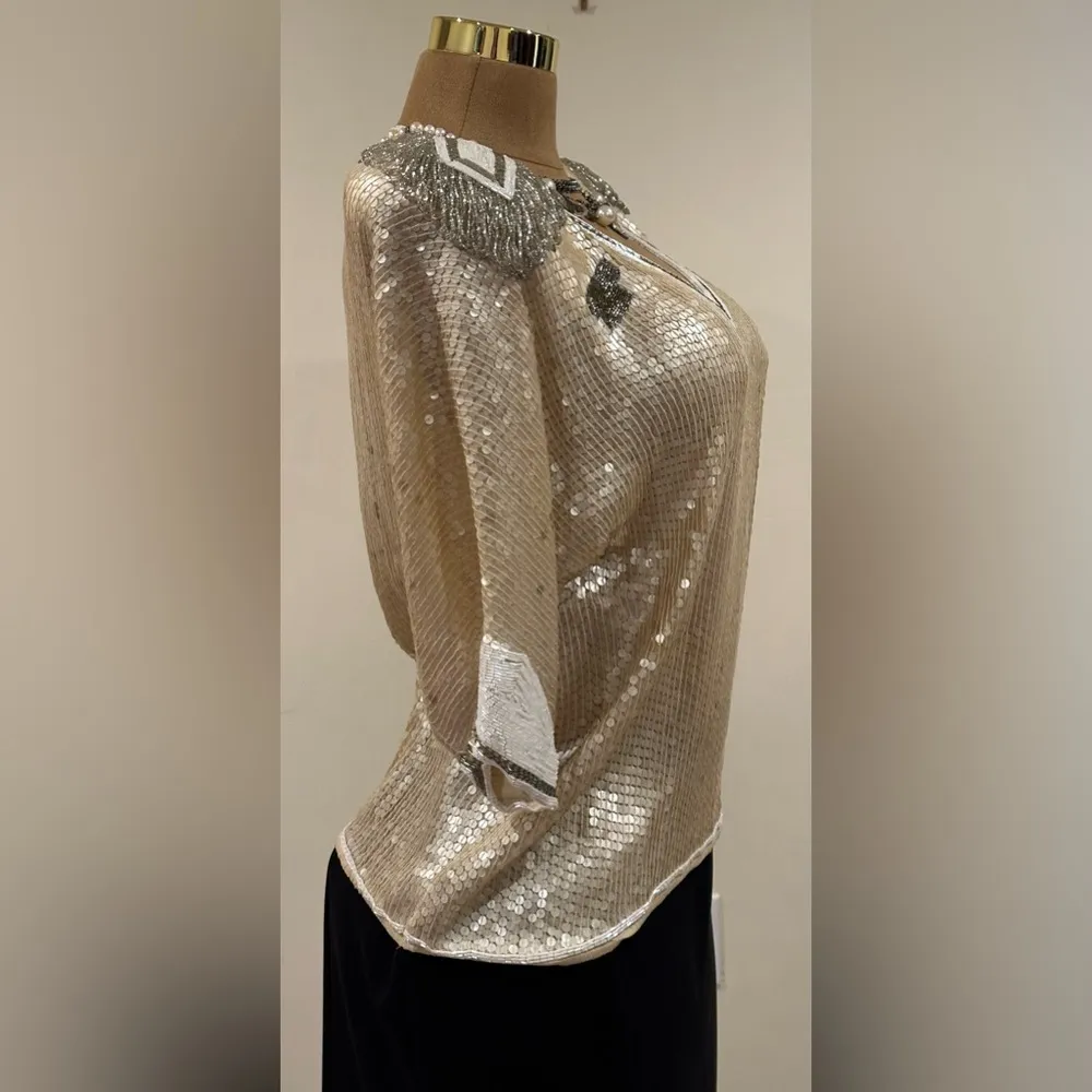 St. Martin Concetta Rafanello Rare Vintage 1985 Multi Color Sequencer Top Sz M/L Silver Size M - Image 6