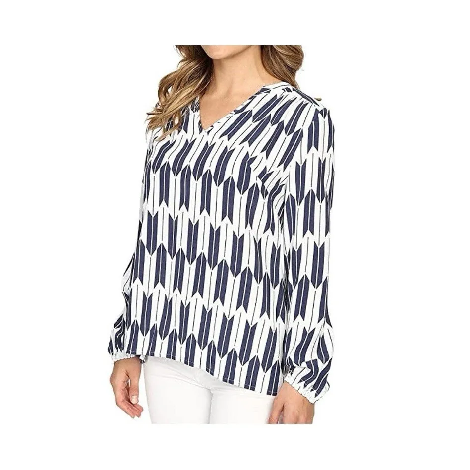 Pendleton Women's Terra Tunic Blouse Pull Over Geometric Blue White Size XL - Image 2