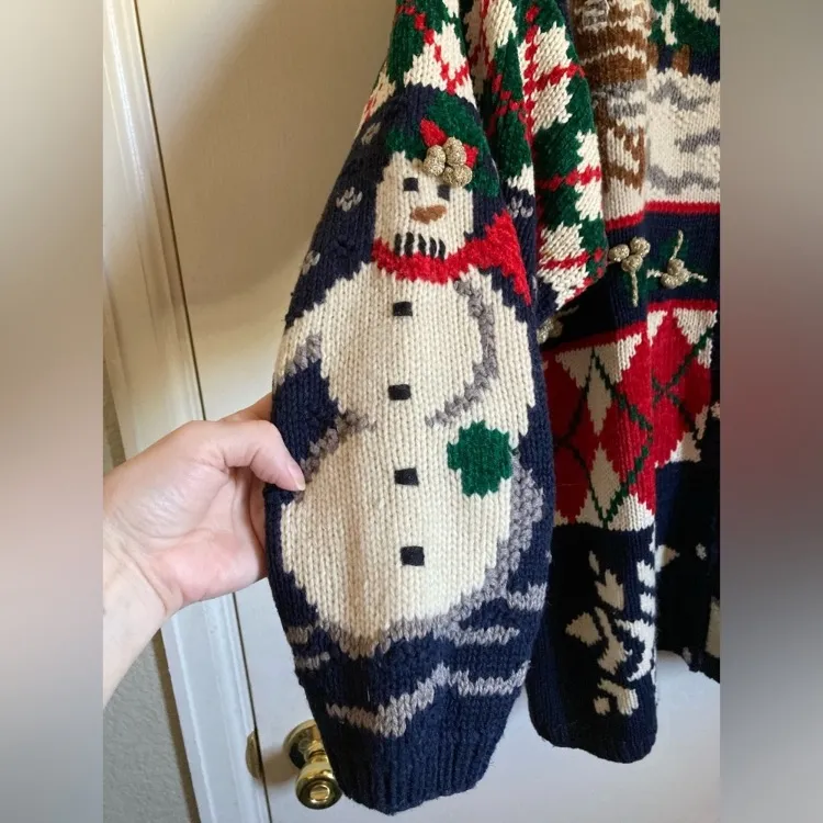 PBJ Sport Vintage Navy Ugly Christmas Ramie Blend Button Up Cardigan Sweater Blue Size L - Image 5