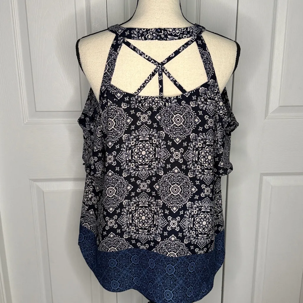 Iz Byer Navy and Cream Patterned Cold‎ shoulder summer Blouse size L polyester - Image 3