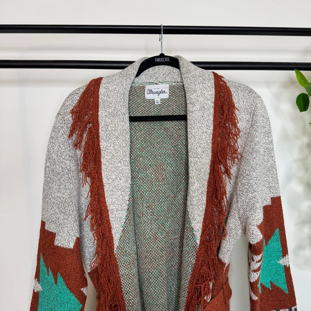 Wrangler Boho Western Aztec Print Fringe Belted Cardigan size XL - Image 11