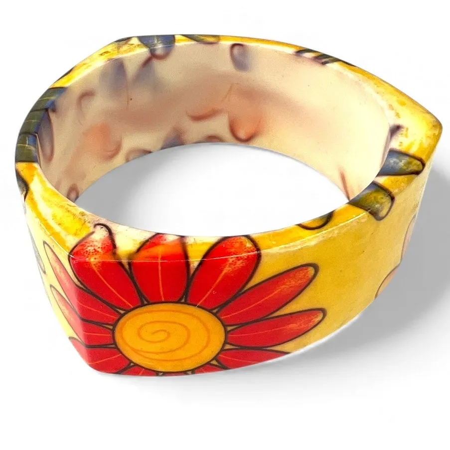 Vintage 70's Iris Sunflower Cold Enamel Bangle bracelet Cuff Daisy Bumblebee Yellow - Image 4