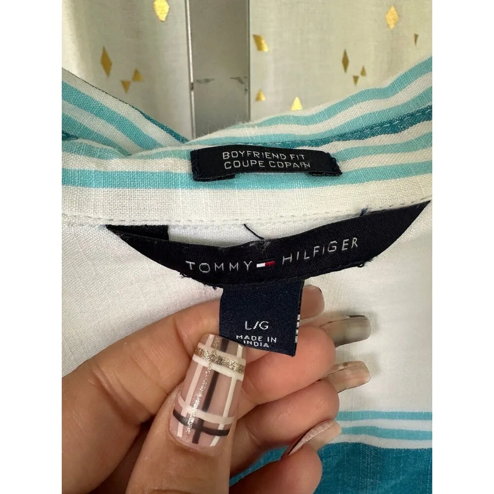 Tommy Hilfiger Women's 100% Cotton Boyfriend Fit Stripe Quarter Button Shirt L - Image 4