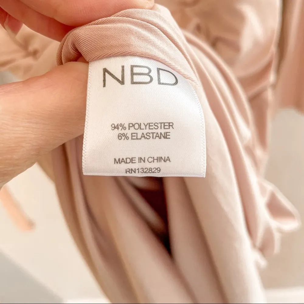 NBD Coco Mini Dress Bodycon Deep V Neck Long Sleeve Ruched Pink Nude - Image 8