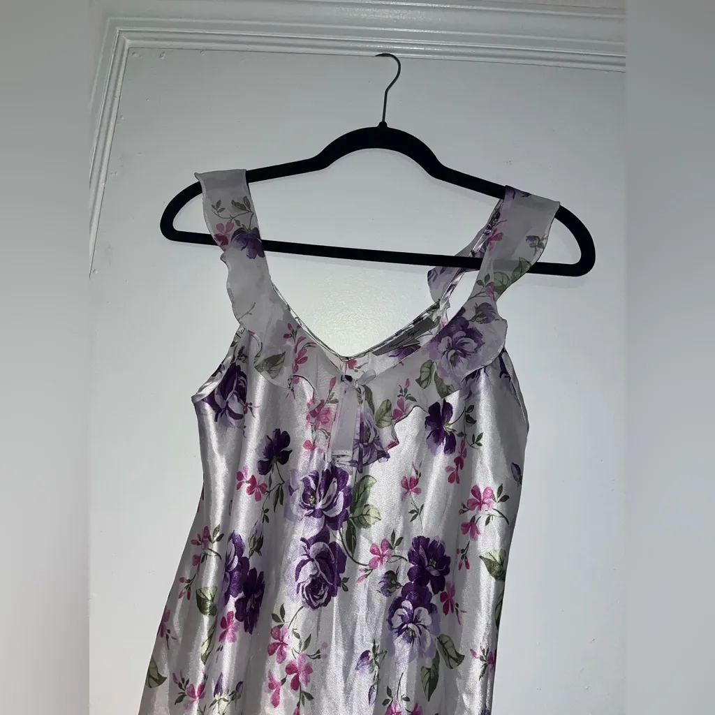 Vintage Floral Satin Nightgown | Size S | Ruffle Strap Sleeveless‎ Slip Dress - Image 6