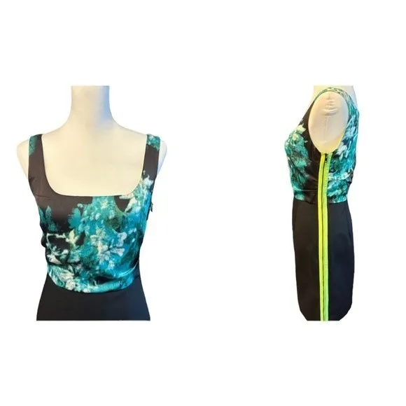 T. Tahari Floral Dress with Bright Green Side Zipper Sz 4 - Image 2