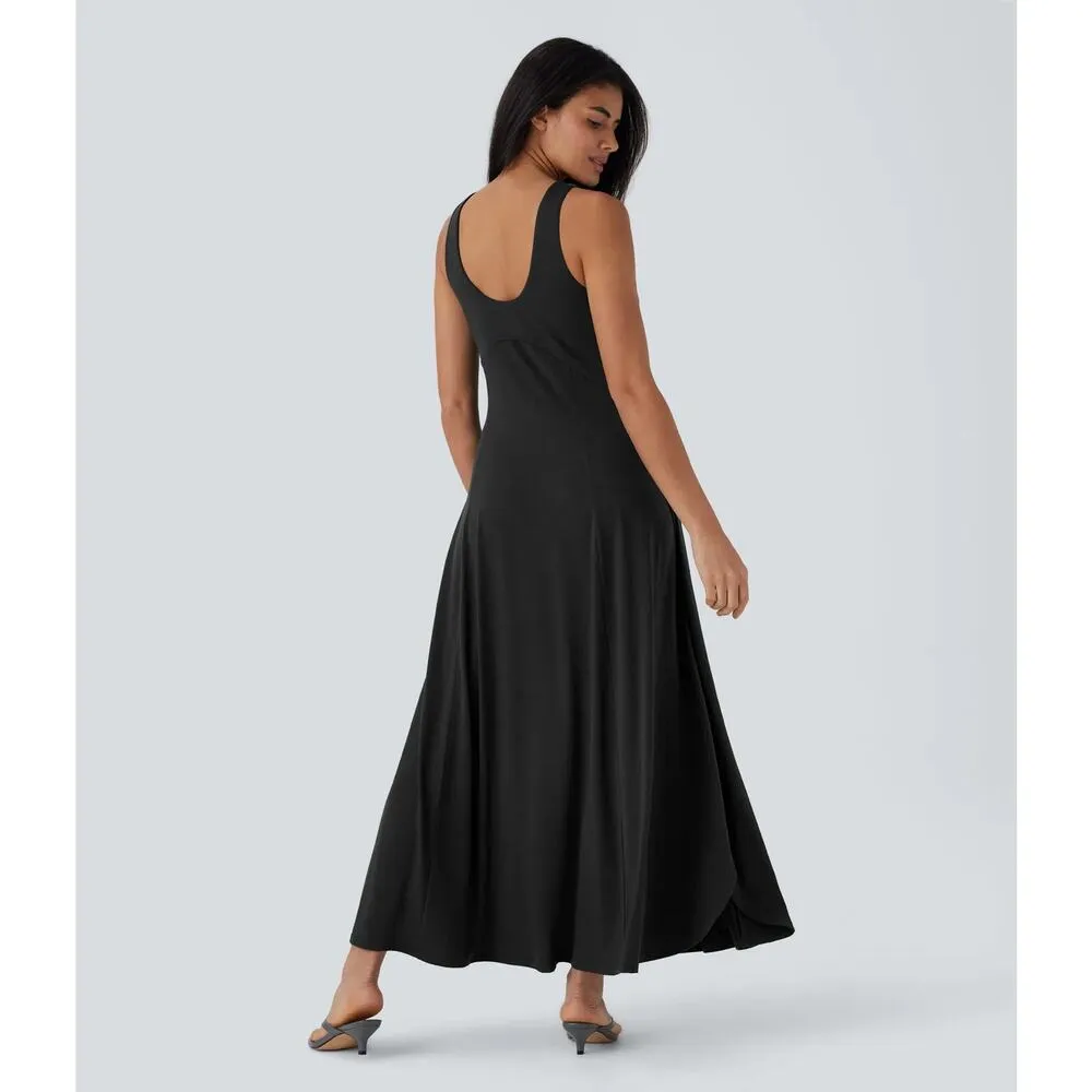 Halara U Neck Backless Split Flowy Maxi Casual Tank Stretch Dress Black M - Image 7