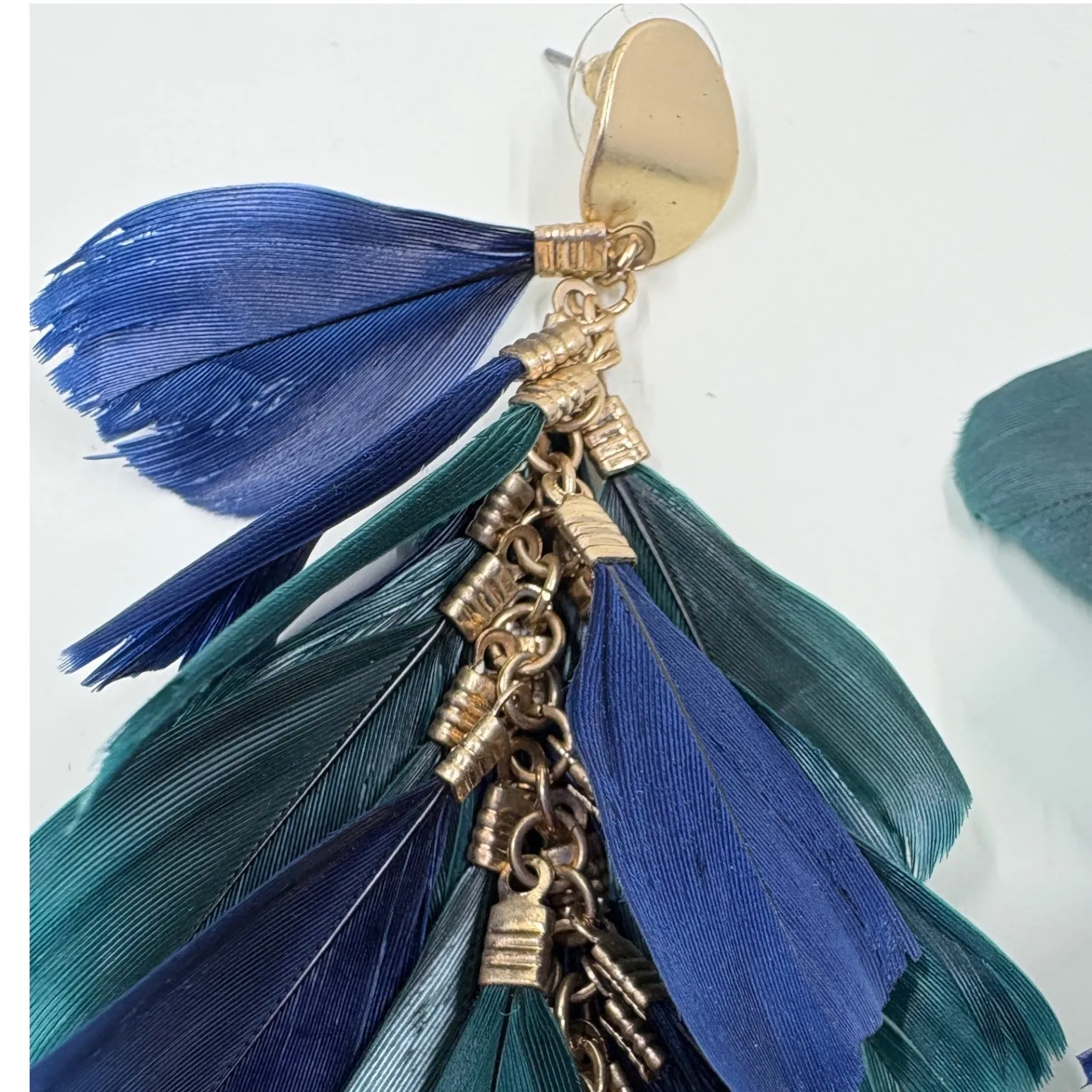 Boho Feather Dangle Earrings Green Navy Blue Gold Tone Statement - Image 6