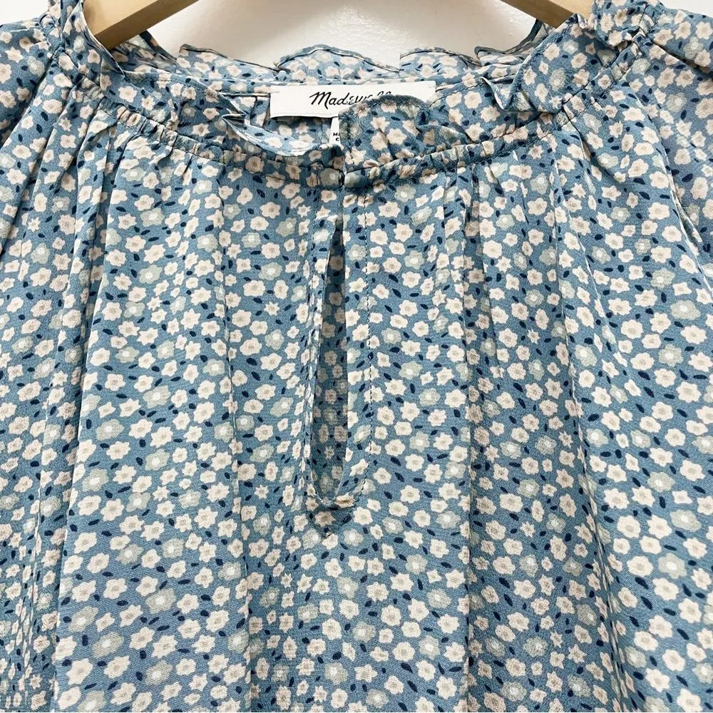 Madewell 100% Silk Poet Top Dusty Slate Blue & Cream Bitsy Floral Size Medium - Image 5