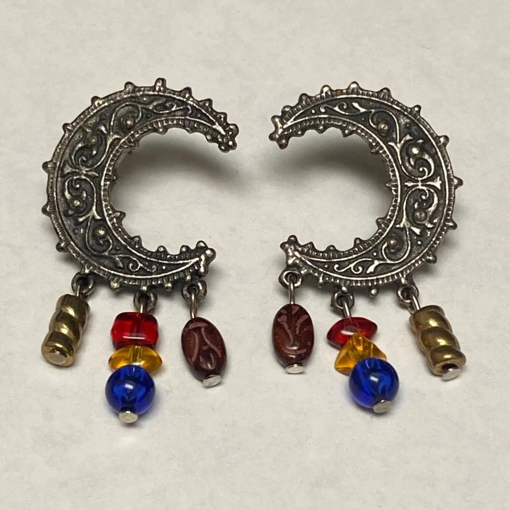 Legends Crescent Moon Shape Silver Tone Metal Pierced Post Earrings with Dangles - Image 2