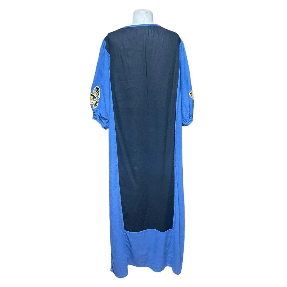 Bilo Brazil Blue Linen Crochet Puff Sleeve Long Midi Maxi Dress Size XS‎ - Image 6