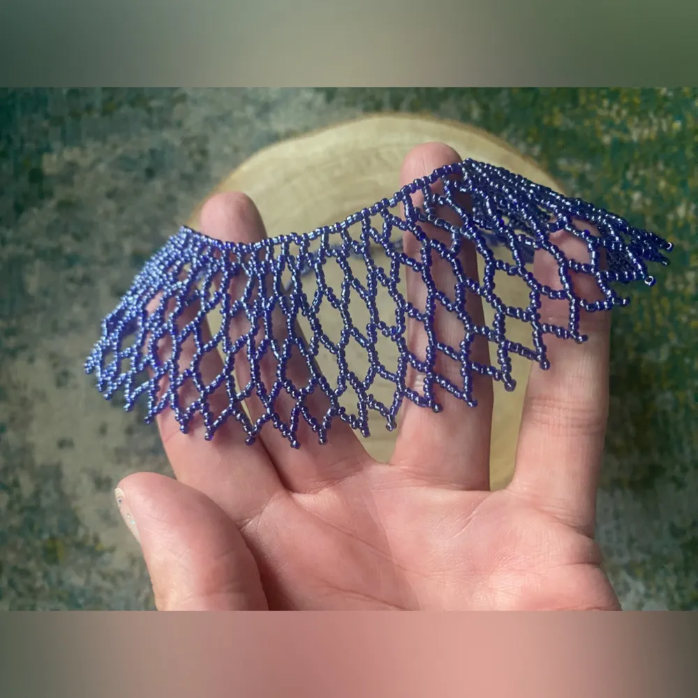 Vintage handmade blue beaded fan bib necklace - Image 4