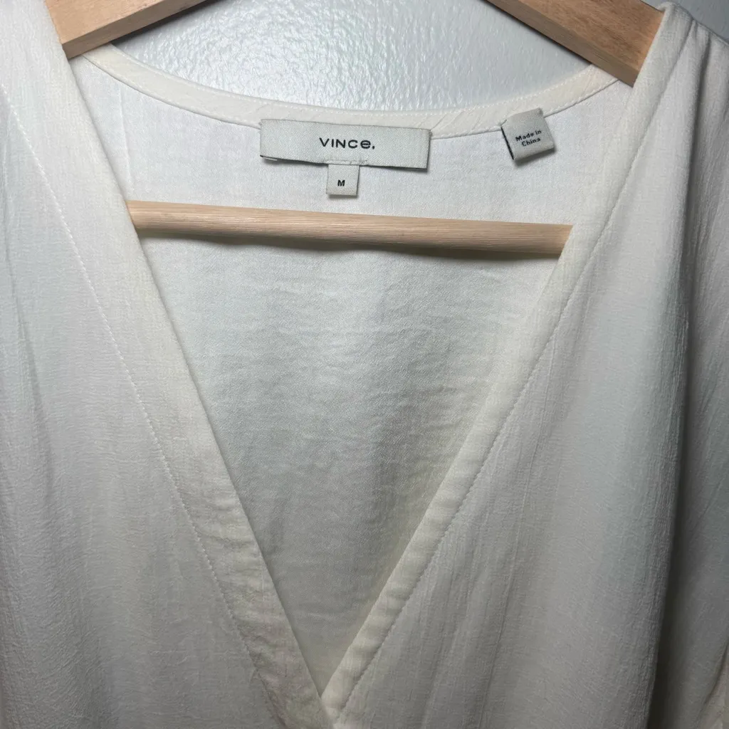 Vince Women's White V-Neck‎ Self-Tie Waist A-Line Dress Size M Cotton - Image 2