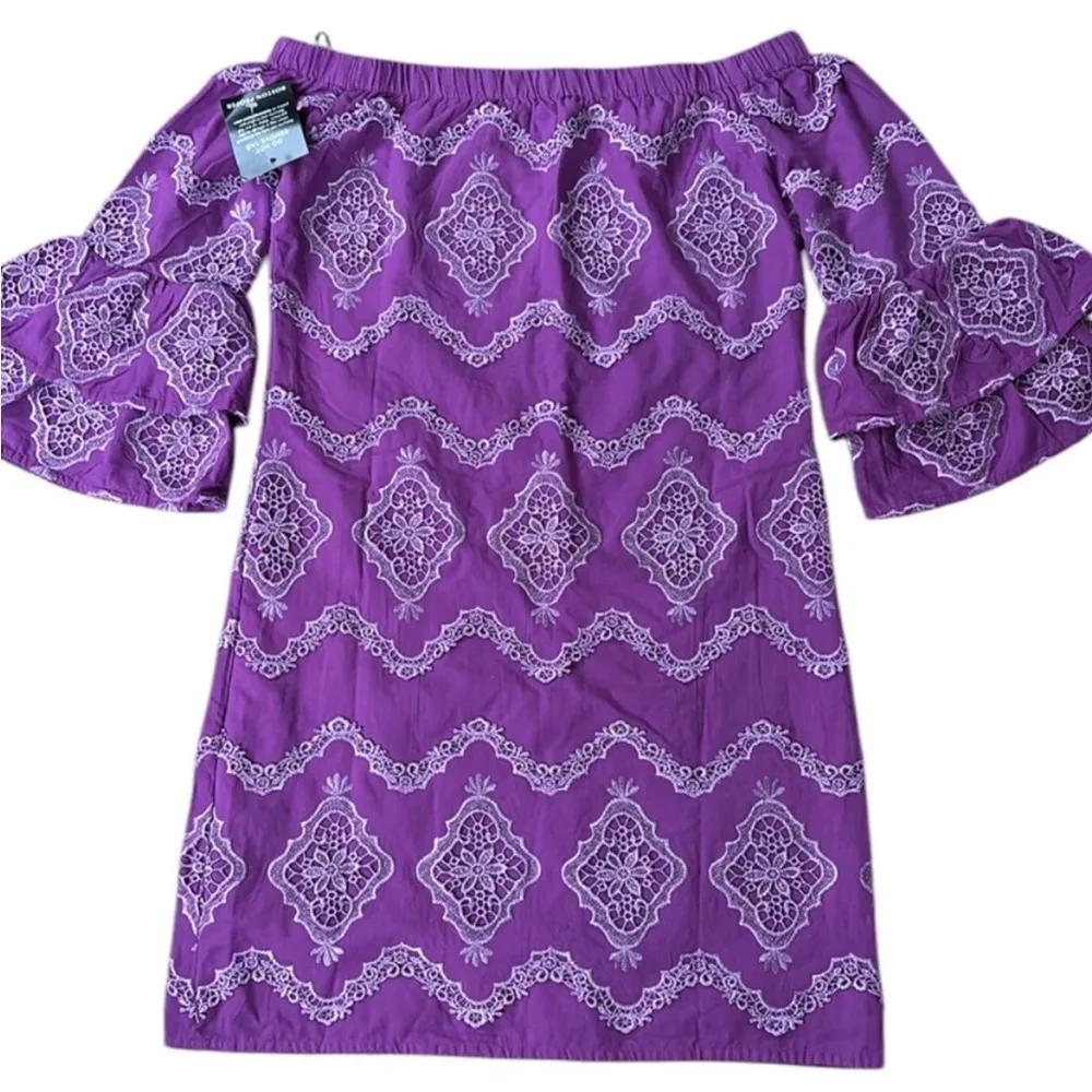 NWT Boston Proper Metallic Lace Off
Shoulder Shift Dress Purple Generous XXS - Image 11