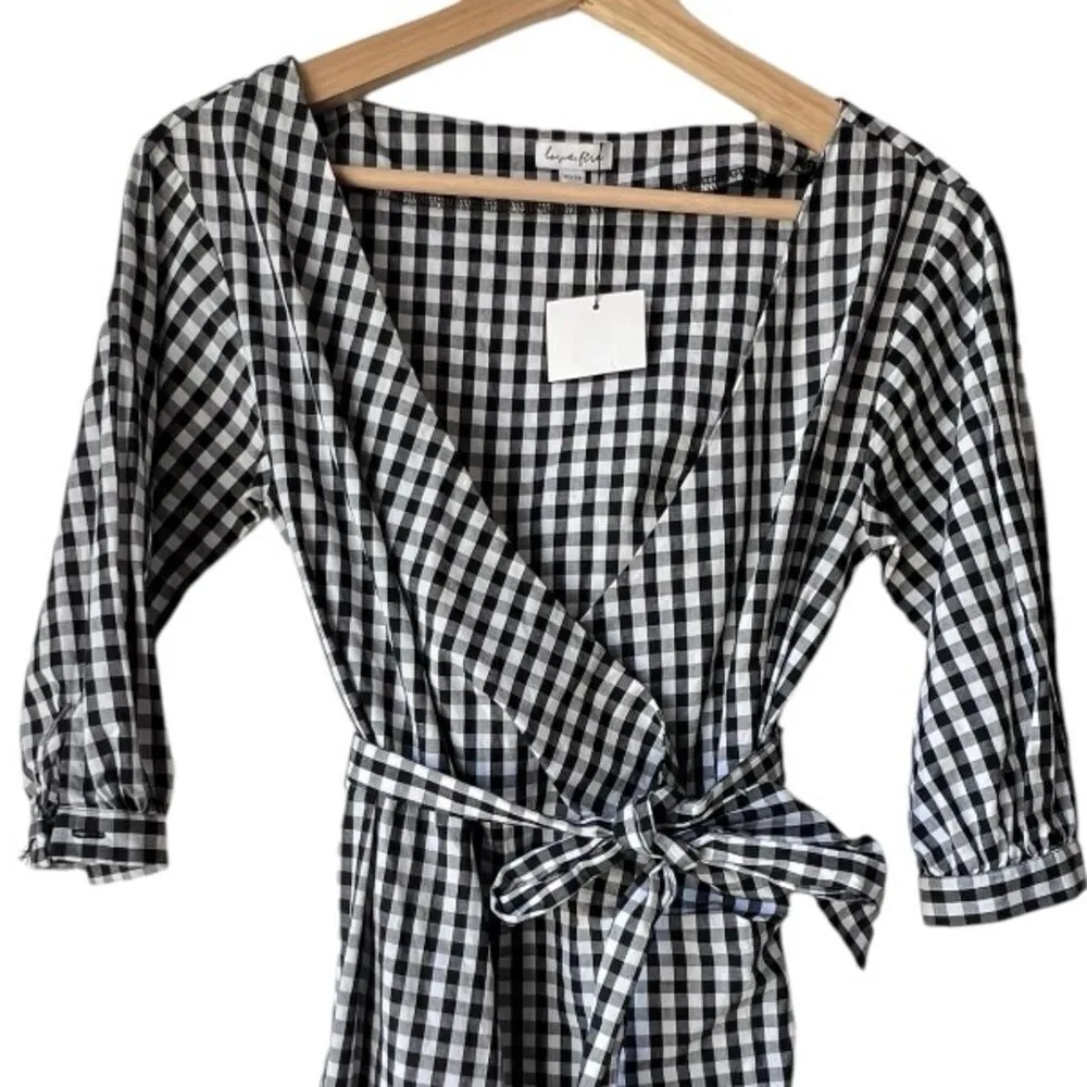 Womens Gingham Country plaid wrap dress long sleeve black white XS. - Image 3