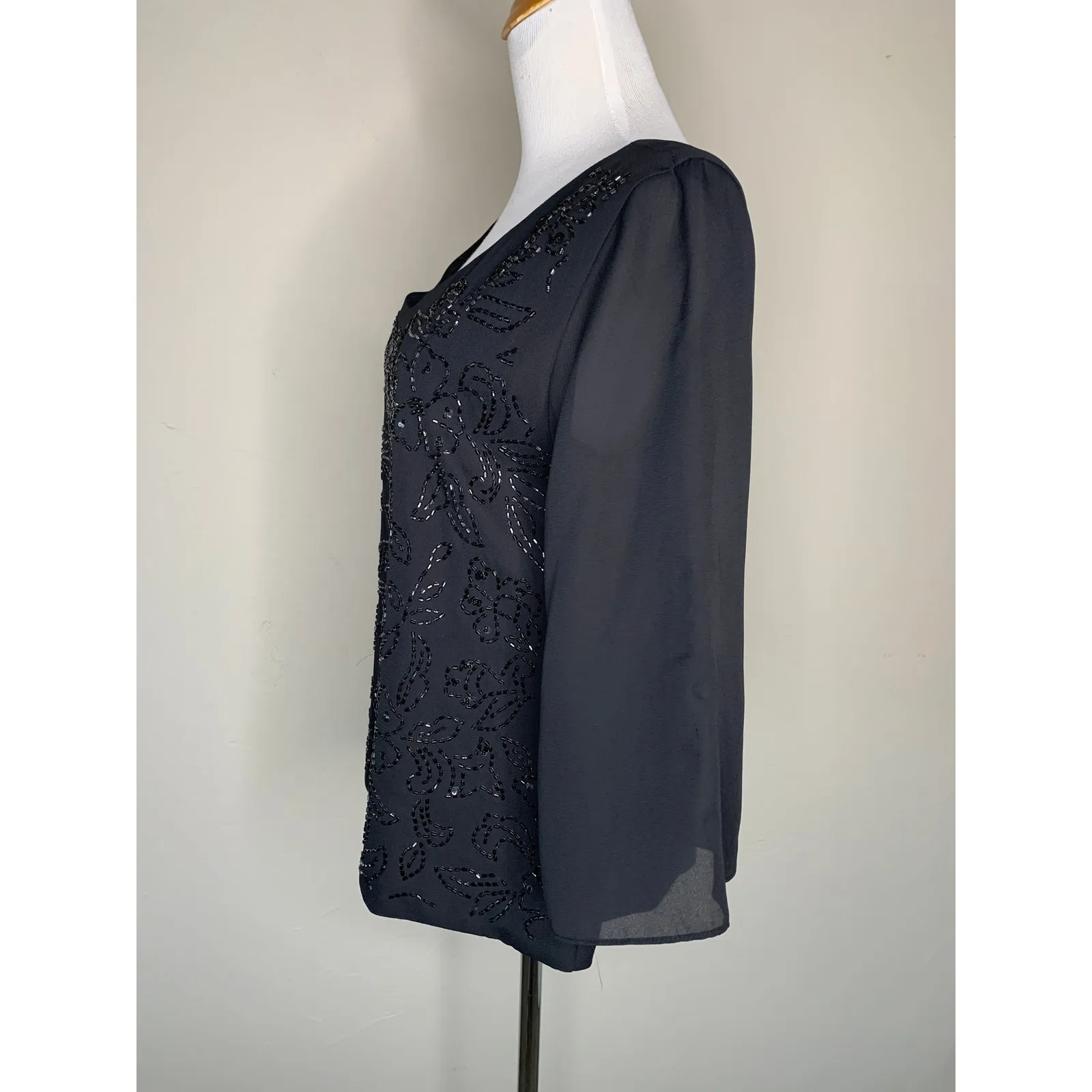 Black Beaded Blouse Formal Wedding Bell Sleeve Sz 8 - Image 3