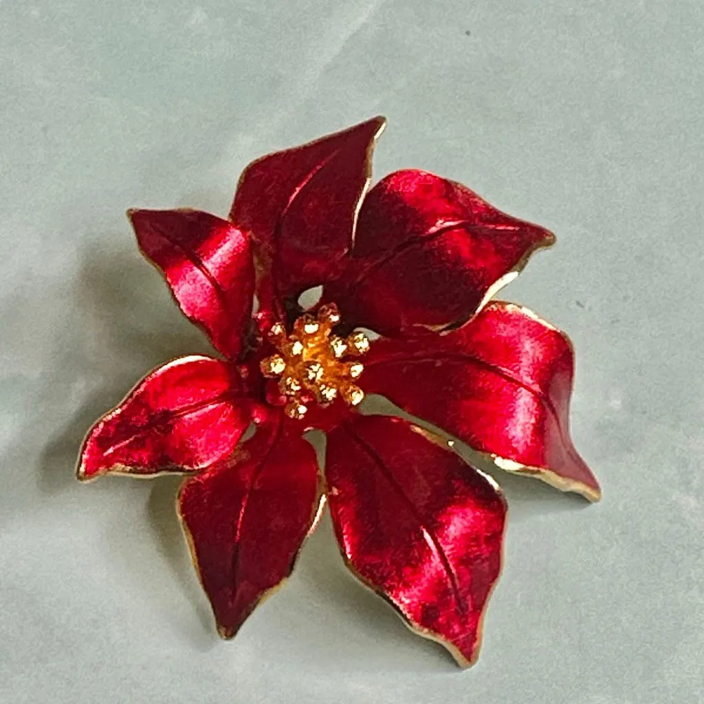 Cerrito Signed Red Poinsettia Enamel Rhinestone Brooch – Vintage Holiday Pin - Image 4