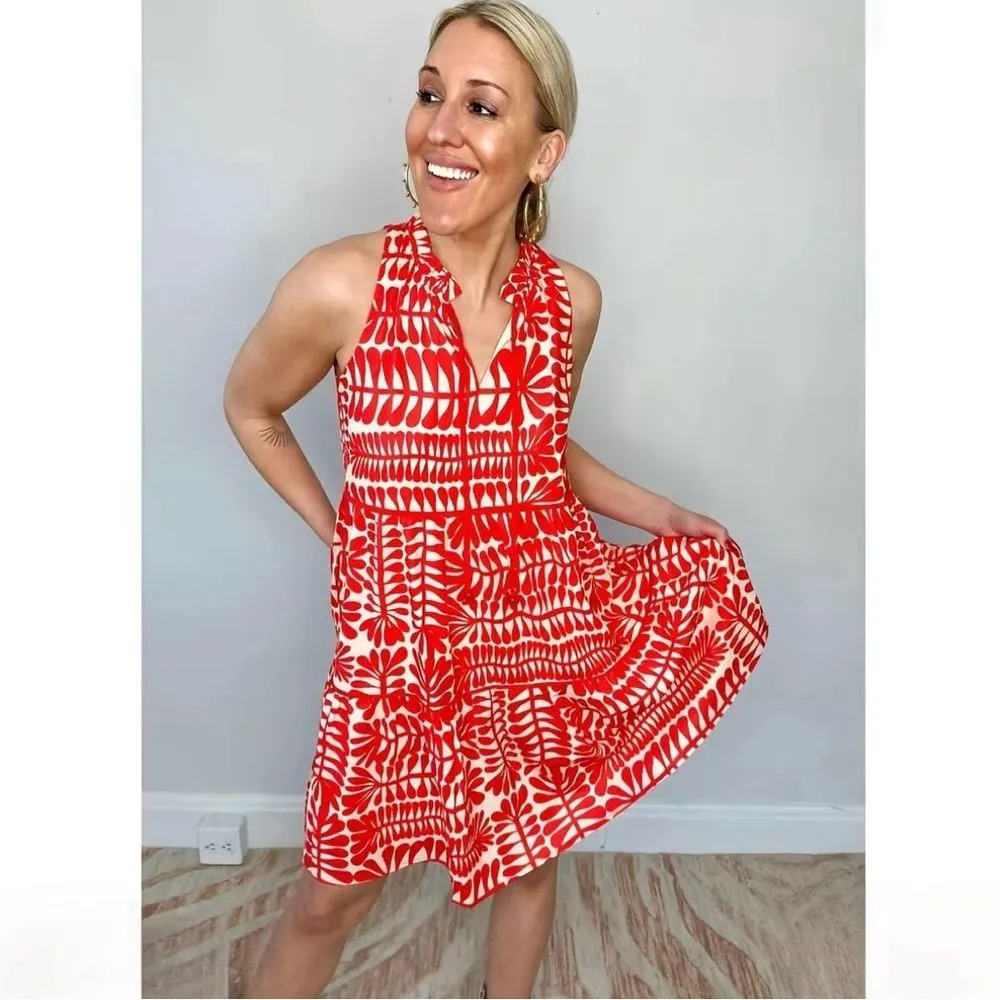 Joy Joy Tiered Trim Halter Dress in Red Rowan Size Small - Image 2