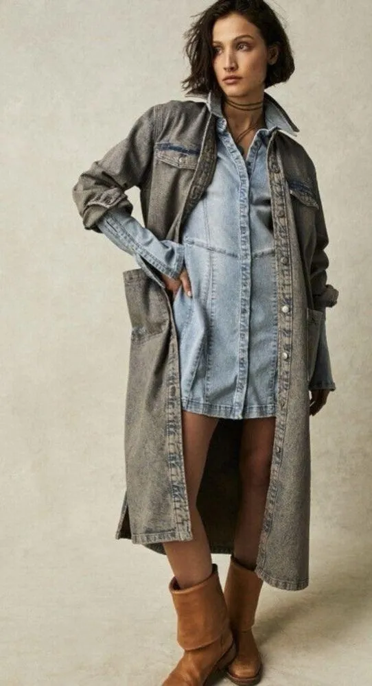🆕 FREE PEOPLE | ANNA LOU DENIM DUSTER MAXI LONGLINE JEAN JACKET | SIZE: M - Image 5