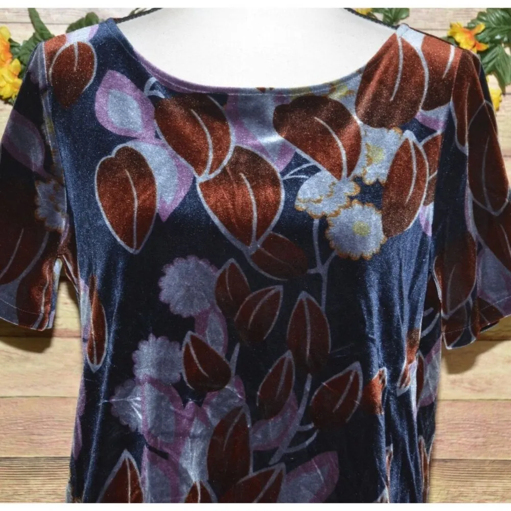 Ann Taylor Ladies Blue Velvet Rust Leaf Pattern Short Sleeve Blouse M Slit Casua - Image 2