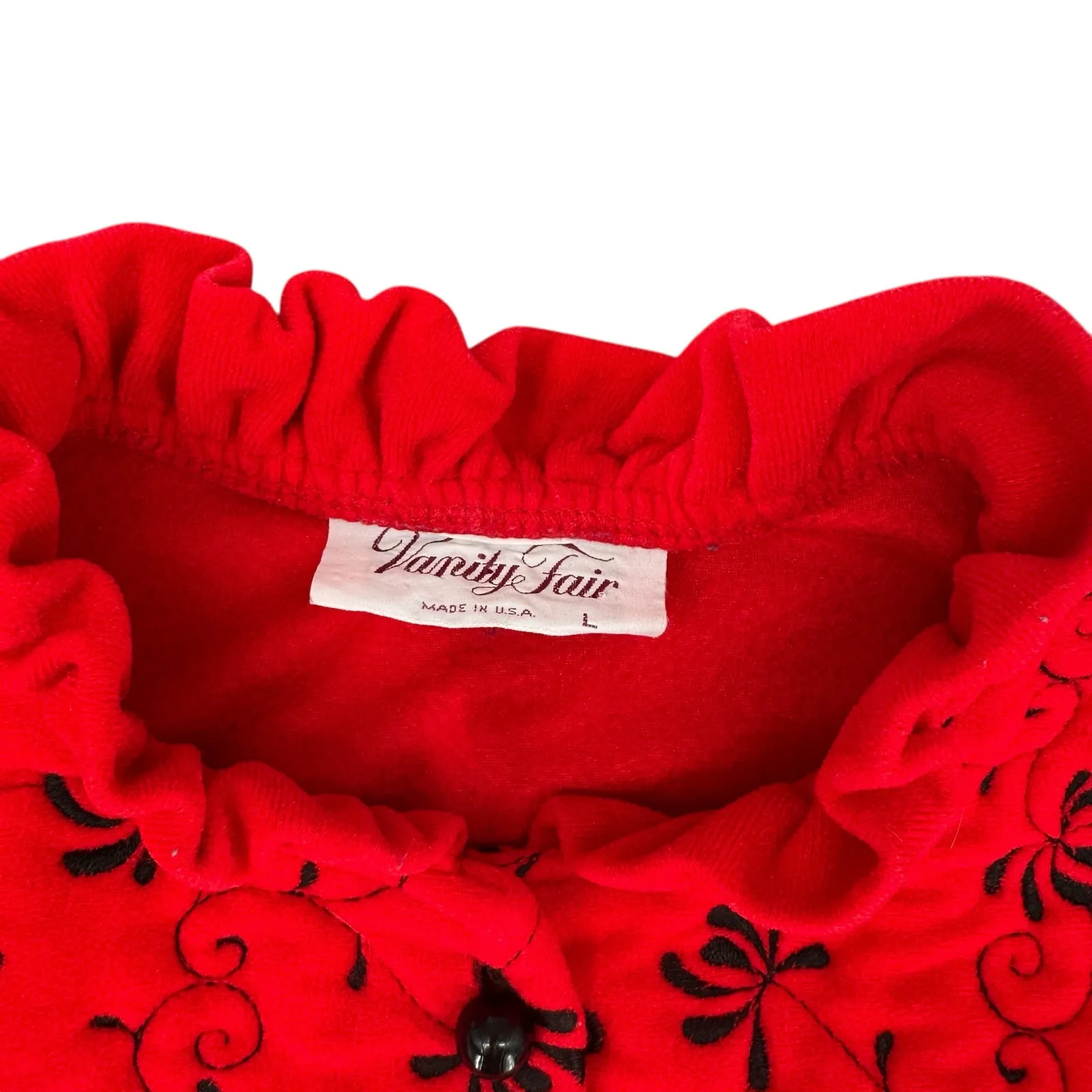 Vintage 1980s Red Velour Nightgown Large Gothic Romantic Floral Embroidered - Image 6