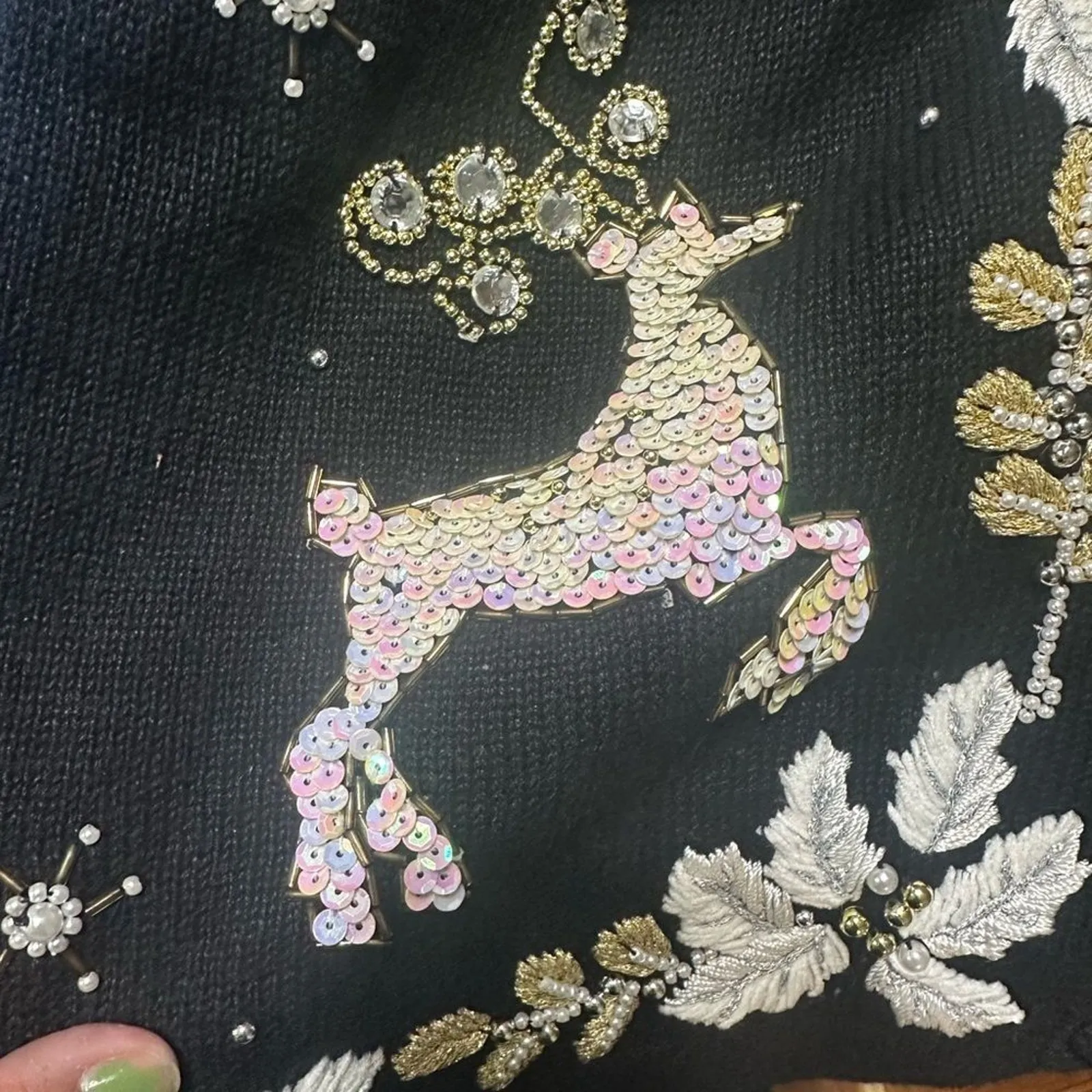 Vintage Victoria Jones Reindeer Sequin Black Christmas Cardigan Holiday Sweater Size L - Image 10