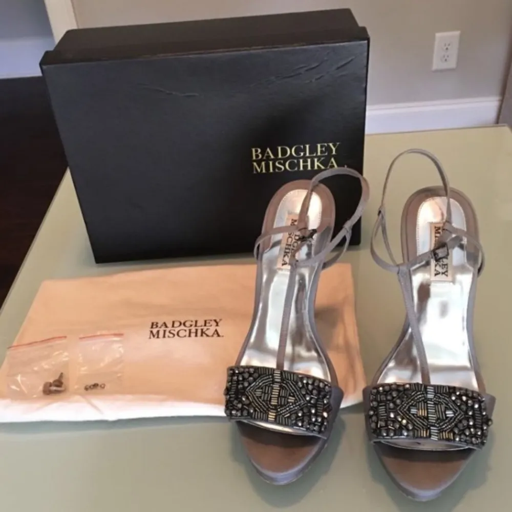 Badgley Mischka Amara Platform Crystal Beaded Ankle Strappy Heels Gray Satin - Image 2
