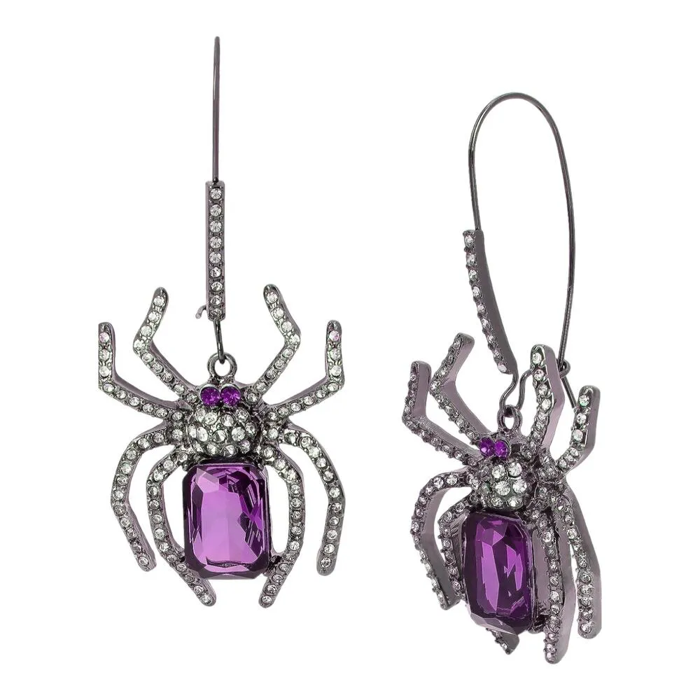 Betsey Johnson Purple Gem SPIDER Dangle Drop EARRINGS Crystal Glass Halloween - Image 2