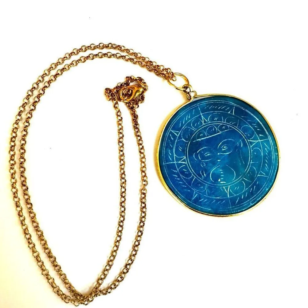 Vintage Carved AZTEC Sun Turquoise tone AGATE Stone Beaded Pendant Necklace Blue - Image 5