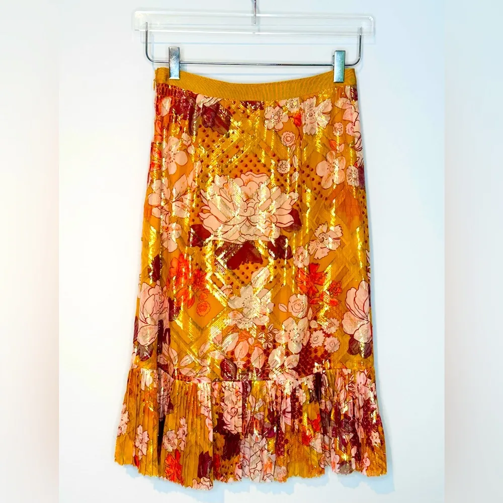 Tory Burch Opalina Metallic Thread Marigold Floral Print Silk Ruffle Skirt Sz 0 - Image 3