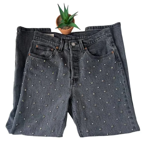 LEVIS 501 Bling Womens Jeans Sz 26x26 Black Wash Crystals Silver Stud Custom - Image 2