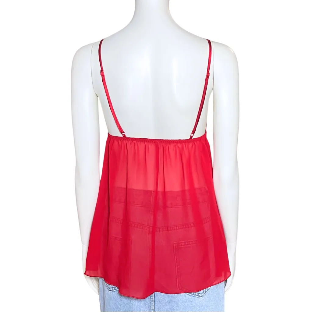 Y2K Red Satin Sheer Beaded Babydoll Top Micro Mini Slip Dress XS Lingerie Fairy - Image 5