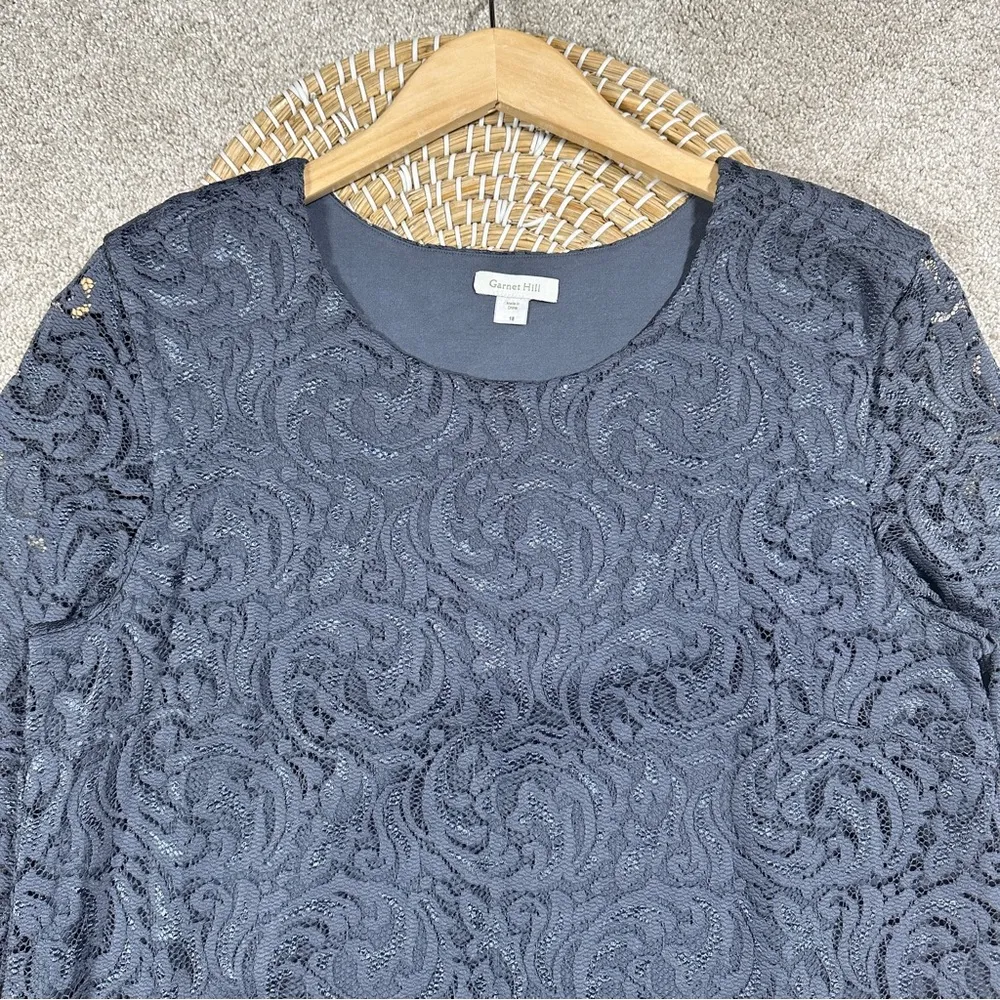 Garnet Hill Three-Quarter-Sleeve Lace Shift Dress Scoop Neck in Slate Blue 18 - Image 3