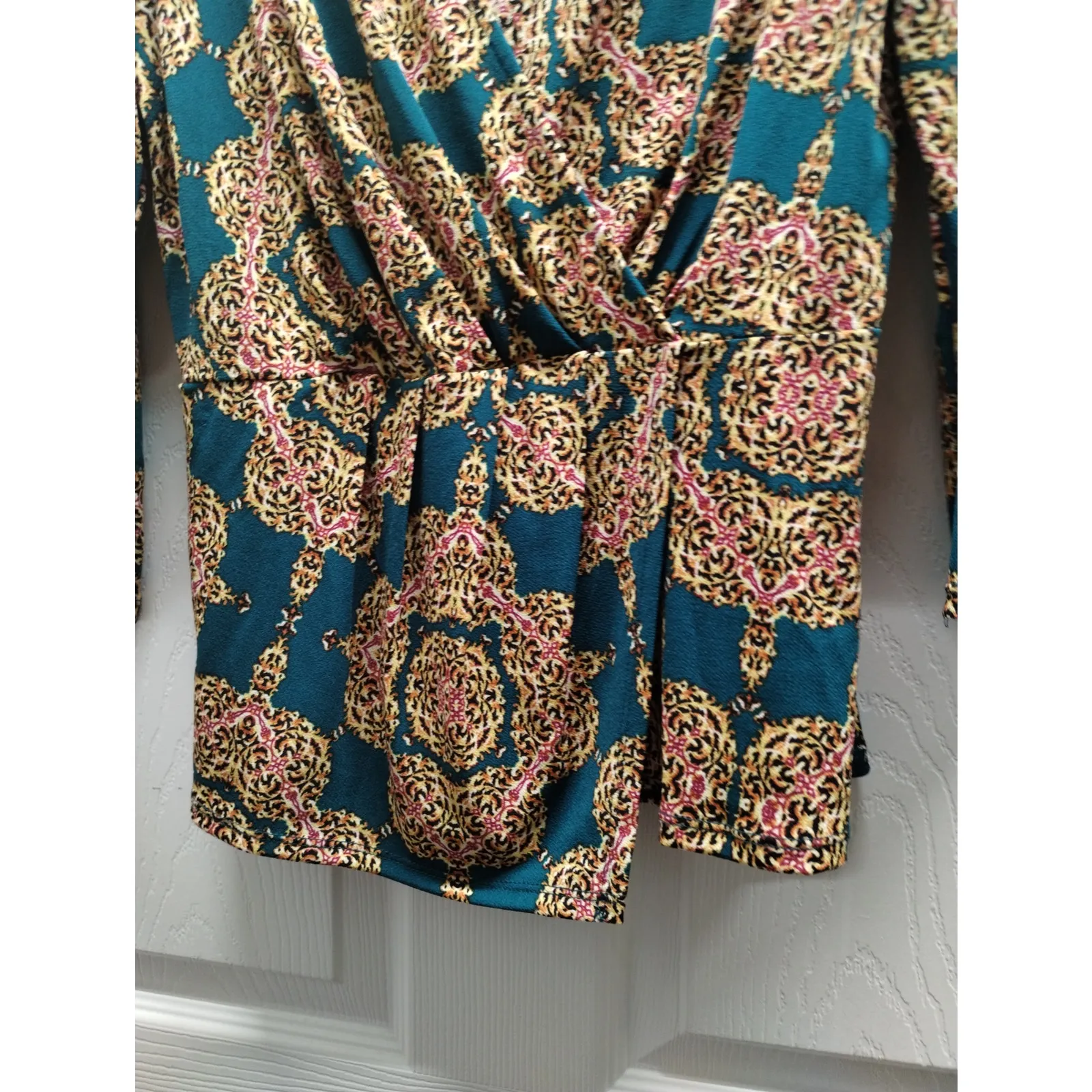 Bold Elements Size Medium Teal & Gold Patterned Faux Wrap Asymmetric Top - Image 5