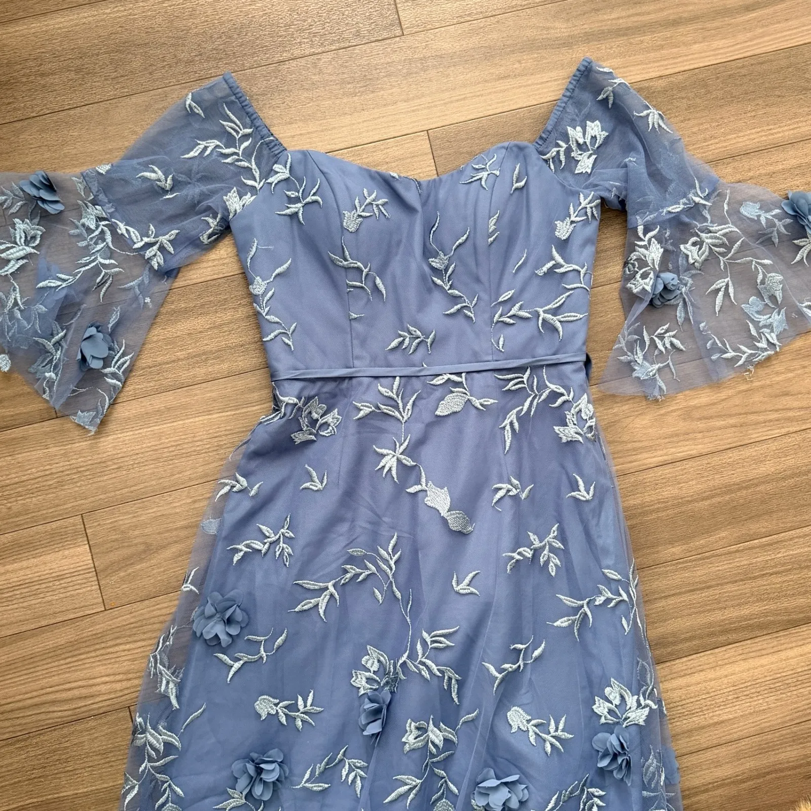 Marchesa Notte Dusty Blue Floral Bridesmaid Gown Tulle Off Shoulder Size 2 - Image 12