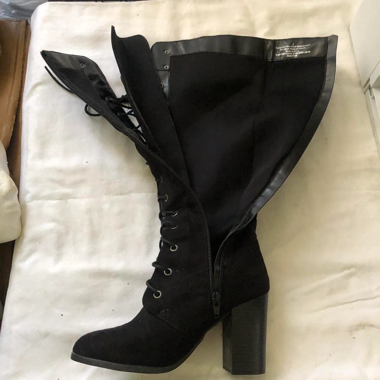 Black fabric suede lace up over the knee knee high boots 3”’block heels Size 6 - Image 3