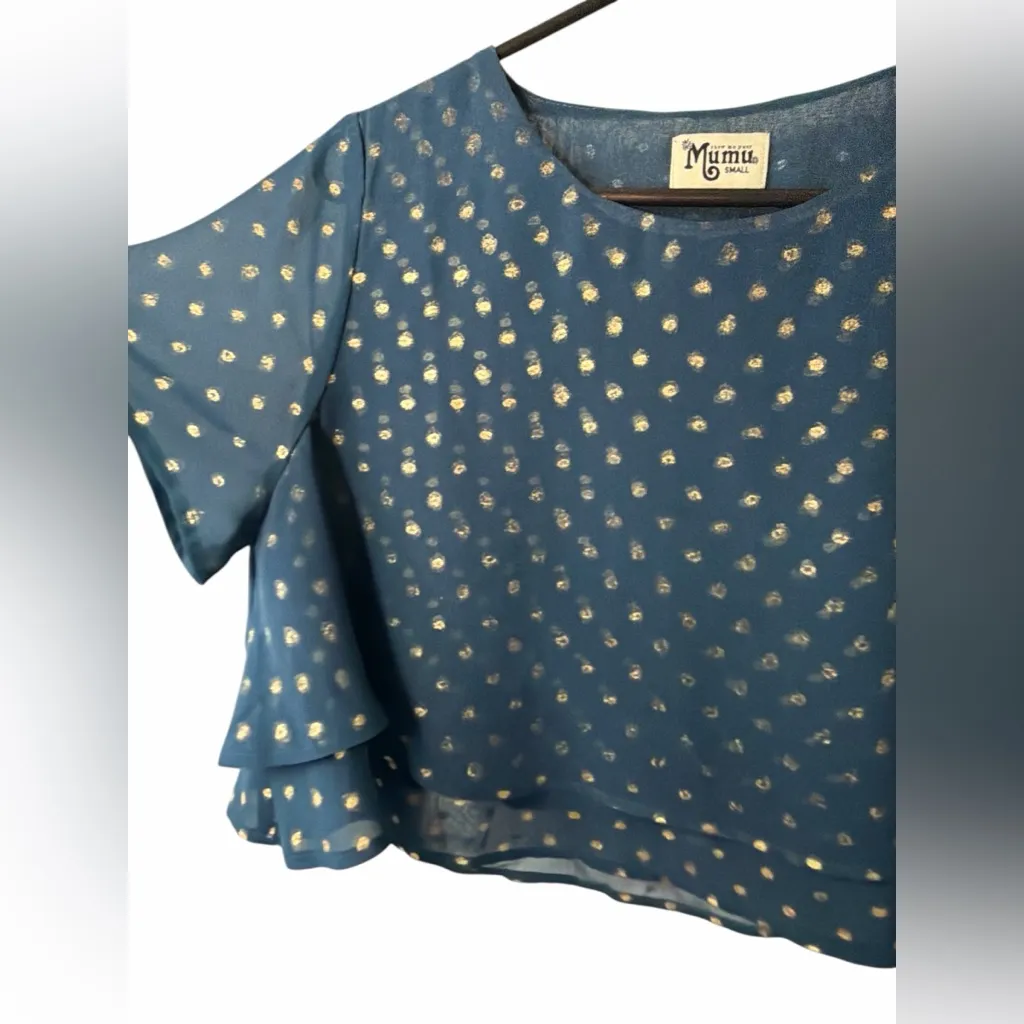 Show Me Your MuMu Navy and Gold Polka Dot Cropped Chiffon Blouse - Image 3