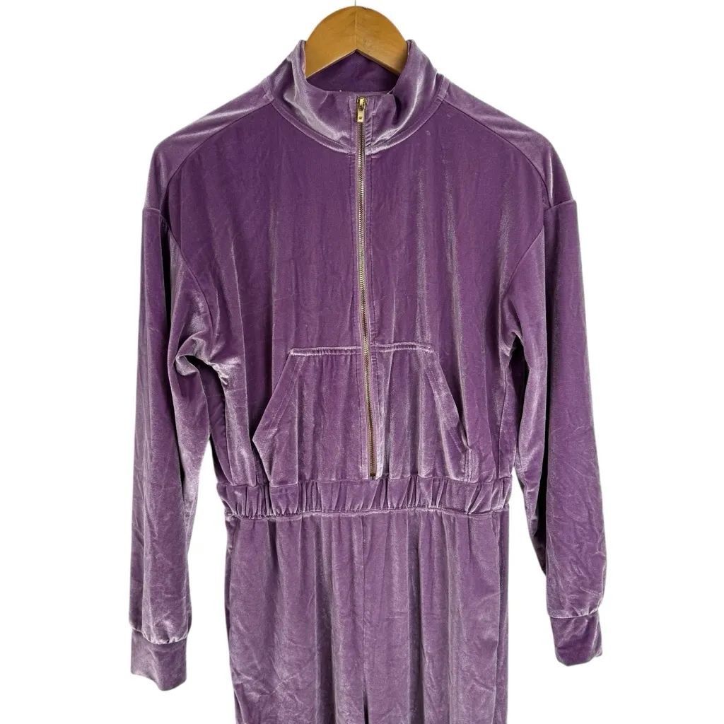 Fabletics Womens Purple Velour Zip Up Wide Leg Jumpsuit Tracksuit Onesie Cozy M - Image 5
