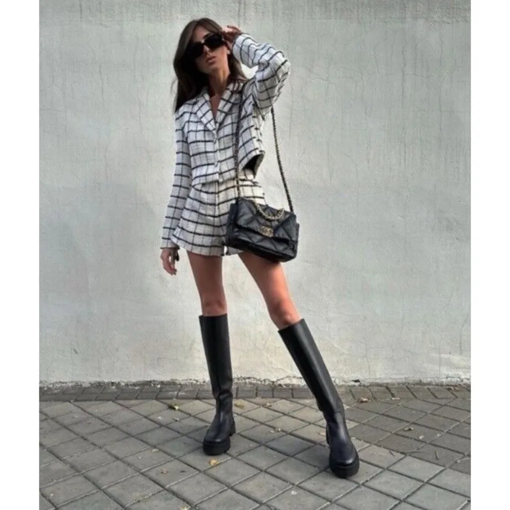 ZARA  Black and White Check Tweed Blazer and Shorts Set - Image 2