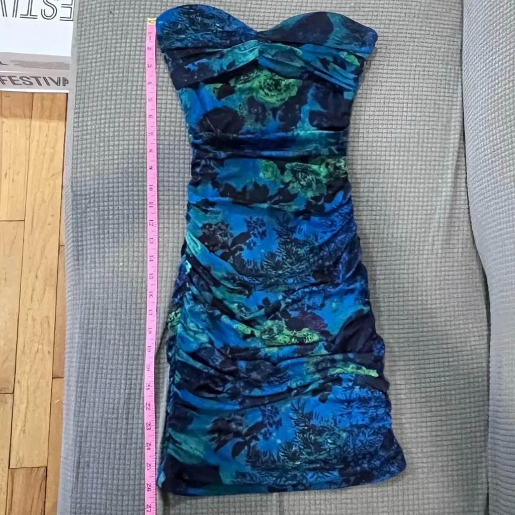 Forever 21 Blue floral ruched strapless minidress S party sexy Vegas club f21 - Image 14