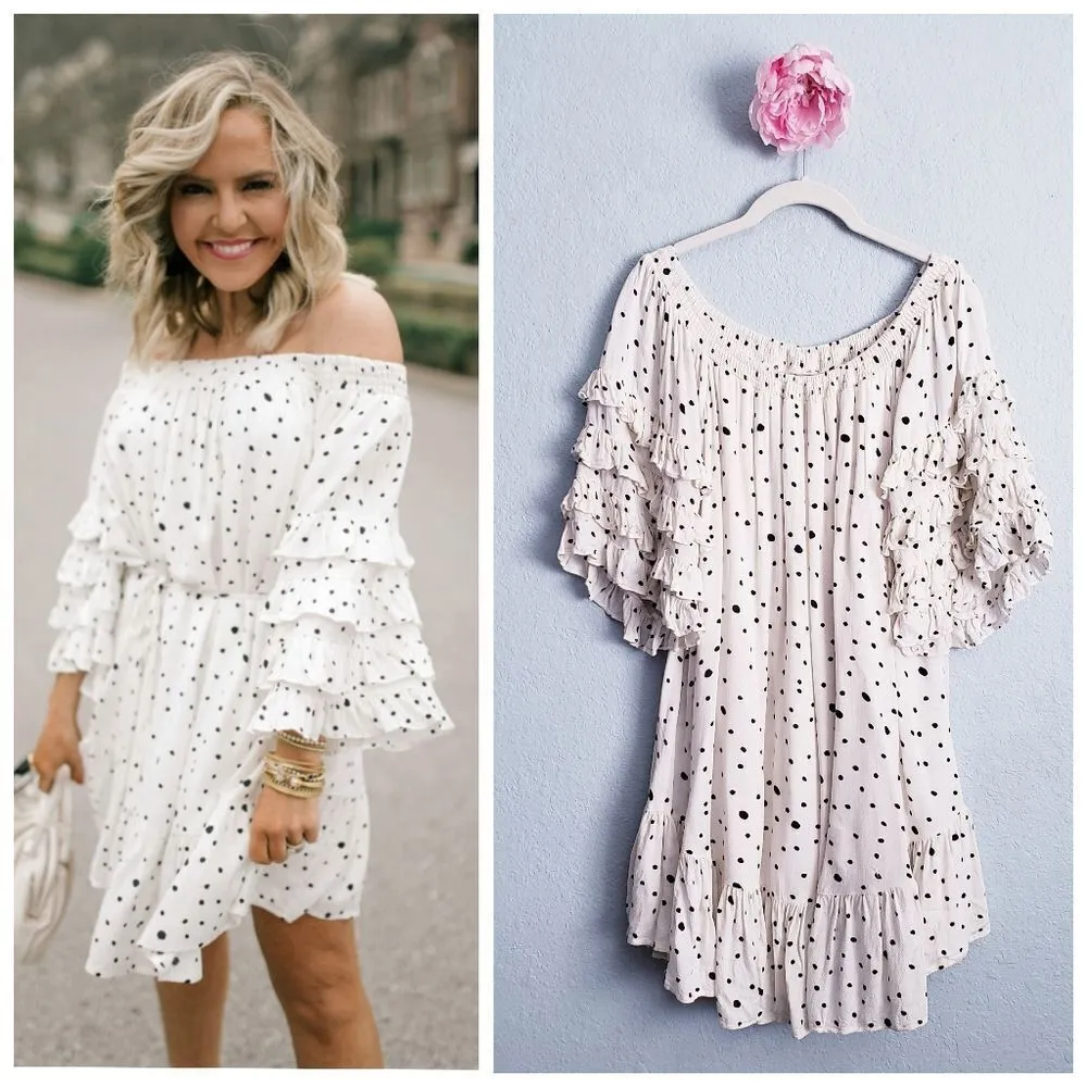 Vici Off-Shoulder Polka Dot Dress with Ruffle Sleeves - Image 2