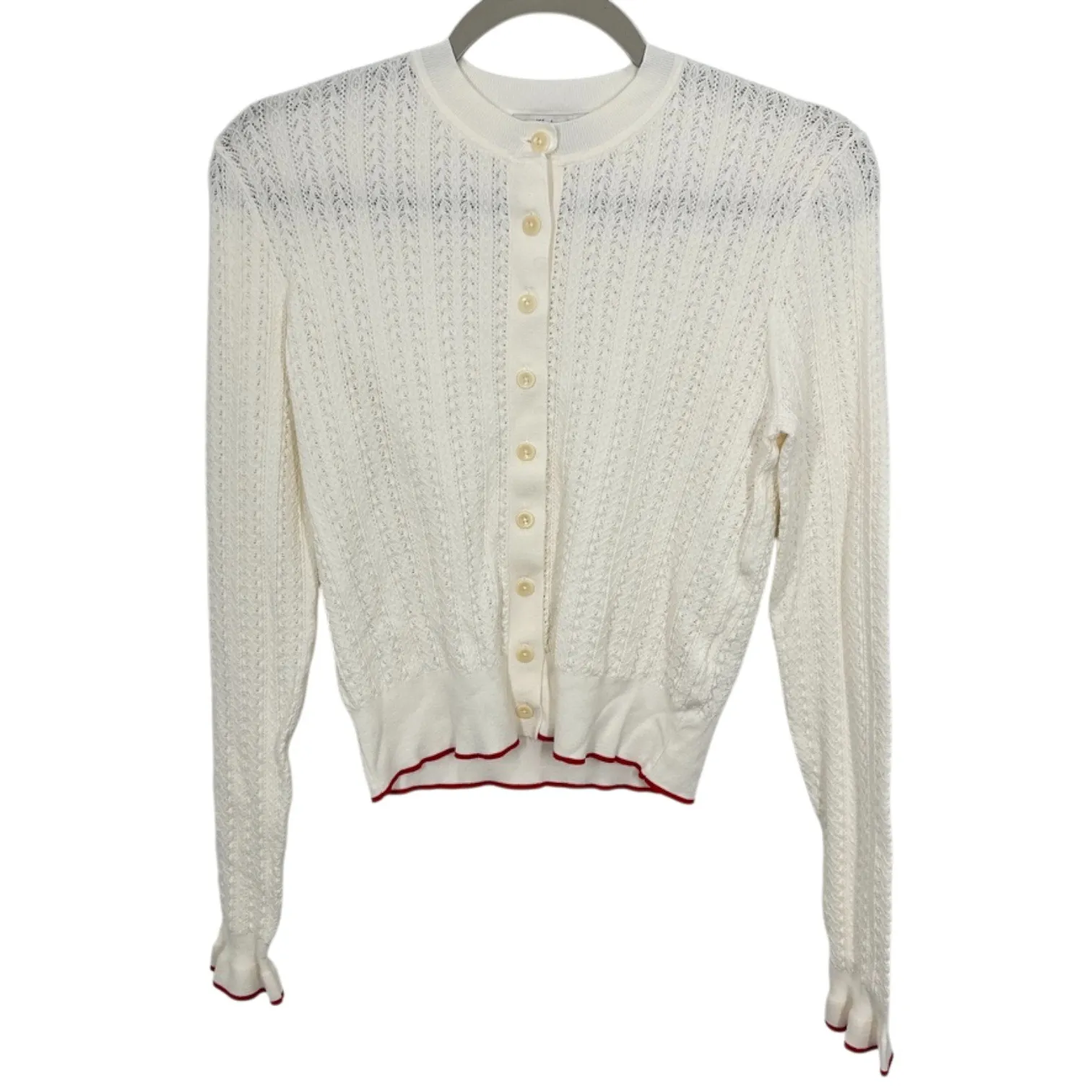 Madewell Ivory Knit Open Weave Cardigan Sweater Buttons Ruffle Cuff Womens S - Image 10