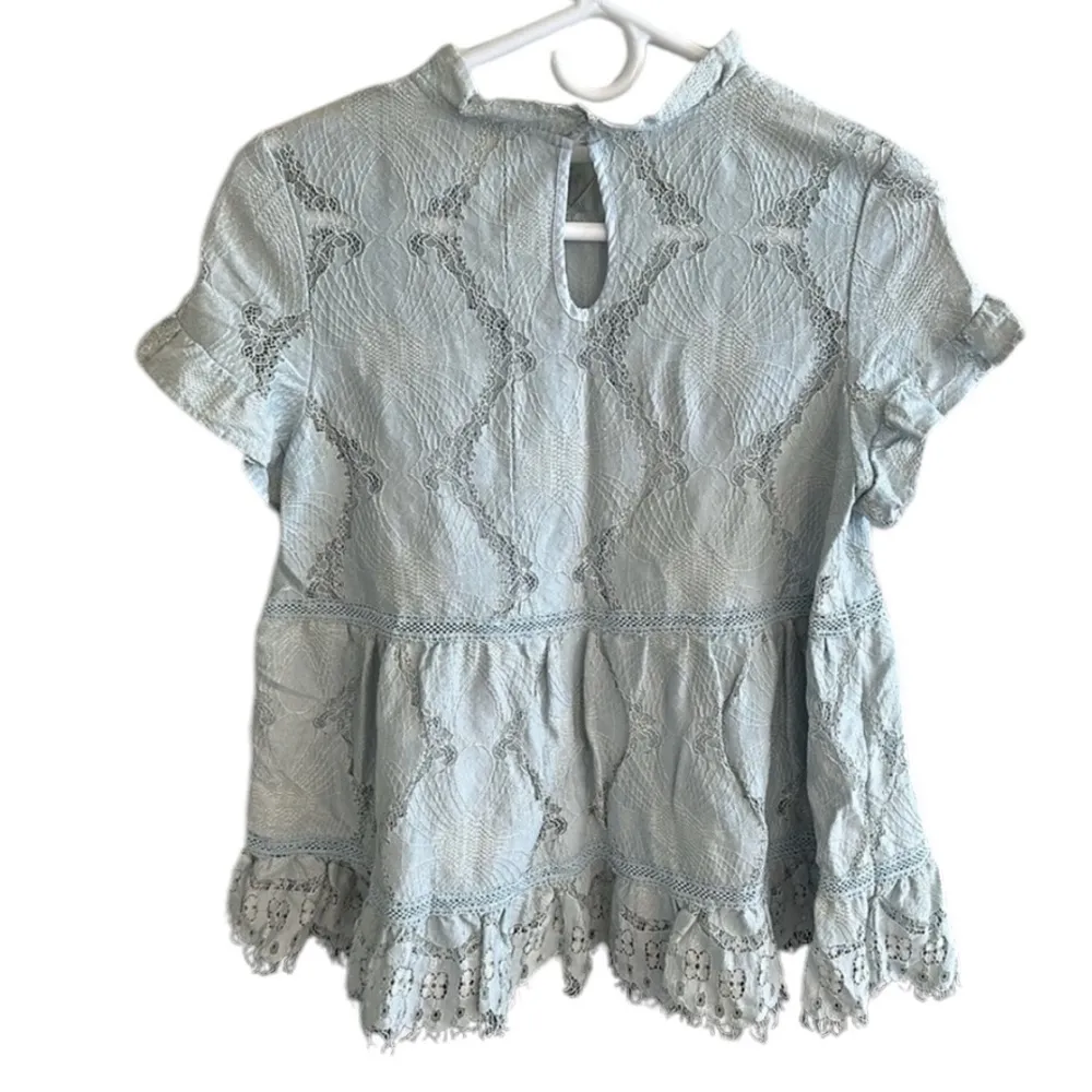 Anthropologie Foxiedox Lace Overlay Blue Short Sleeve Babydoll Blouse Size Small - Image 7
