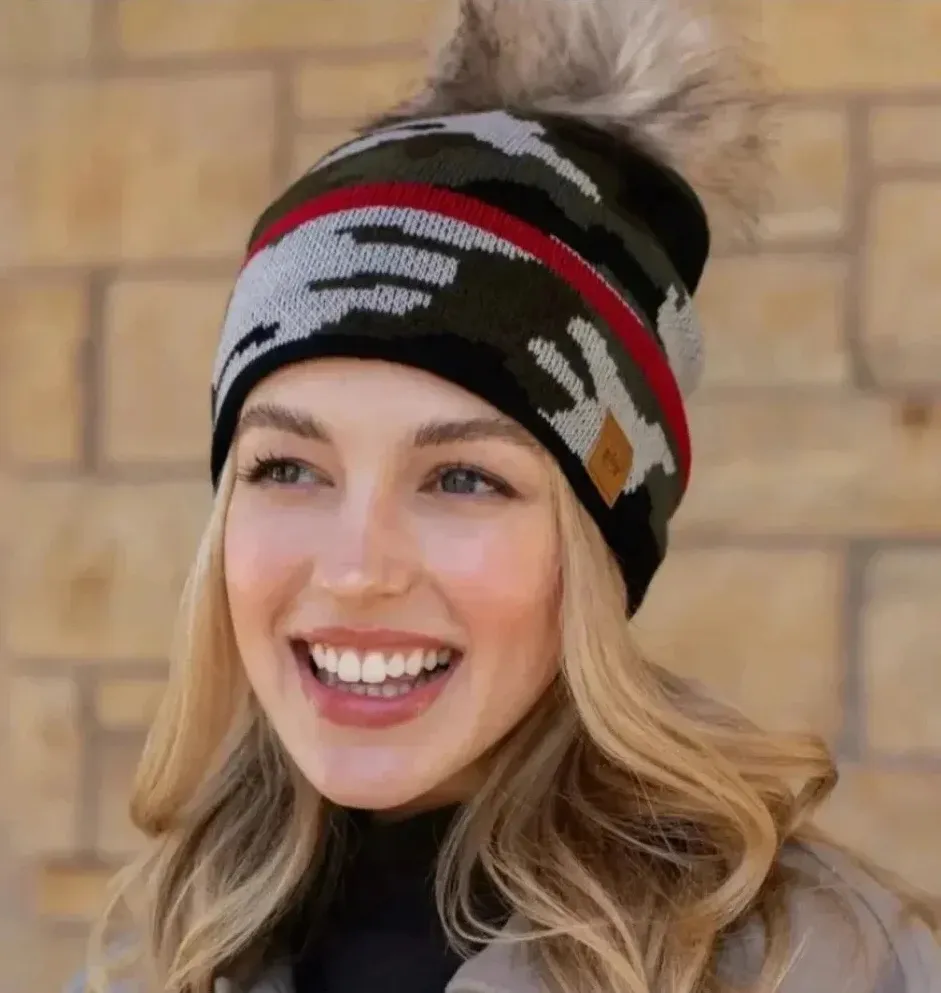 PANACHE Vegan Fur Puff Knit Winter Hat in Green Camo - Image 1
