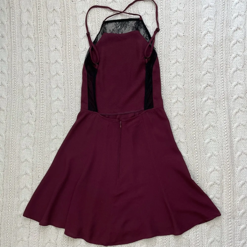 REFORMATION Cambridge Backless Lace Trim Mini Dress in Burgundy - Image 2